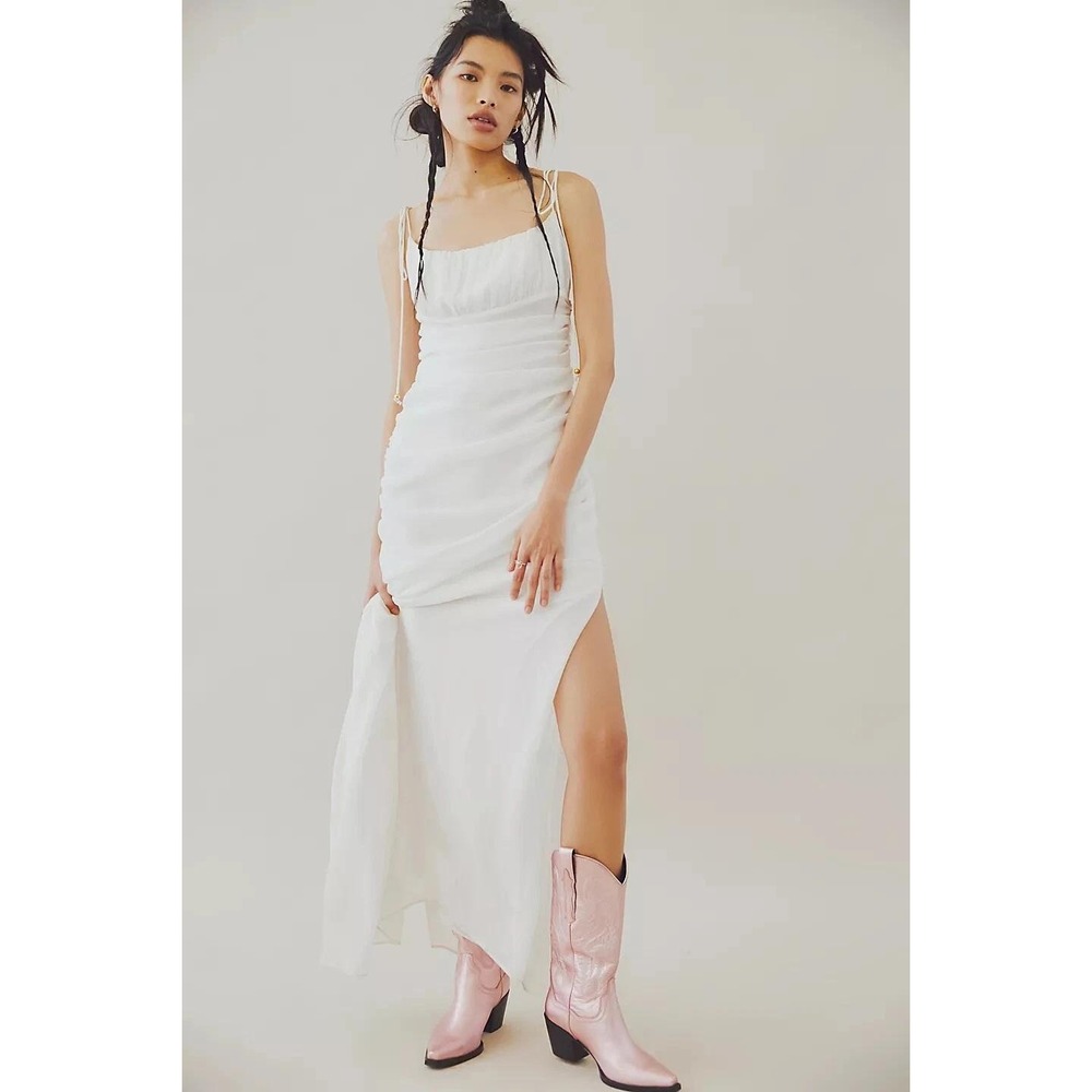 Free People Gala Maxi Dress Ruched Chiffon Tie Shoulder Straps Prom‎ Ethereal 2